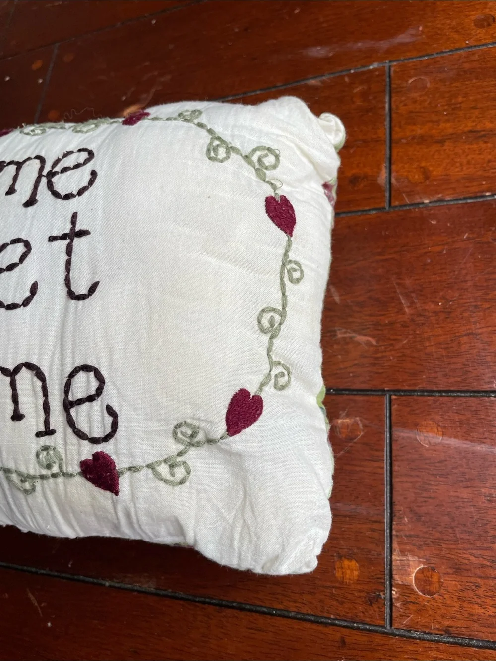 Home Sweet Home Embroidered Throw Pillow - Cream with Burgundy Accents